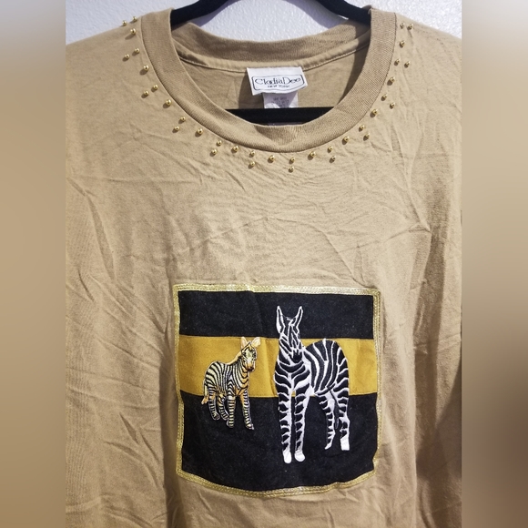 VTG Clodia Dee New York Women’s Zebra Embellished T-Shirt Brown L - Picture 3 of 5